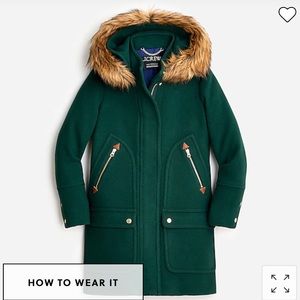 J.Crew new chateau parka in Italian stadium cloth wool. Color is “Dark Forest”.